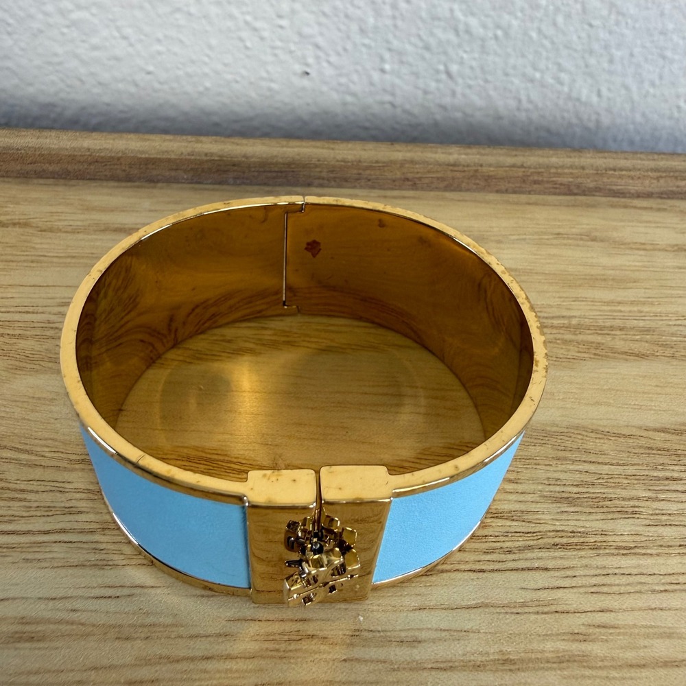 Tory Burch Bangle Bracelet Womens OS Blue Gold Leather Logo Hinge Cuff